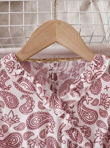 Robe à manches courtes col V assortie mère-fille, robe imprimée rétro minimaliste et de style vintage cachemire pour les filles, pour le printemps/été, tenues décontractées, rassemblements familiaux, sorties - Rouge et Blanc - Voir 6