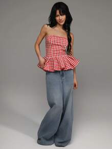 TRNVIE Top corto tipo bandeau con volante en el bajo y estampado rojo a cuadros de verano informal - Rojo y blanco - Ver 5