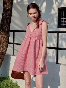 女士春季格子 V 领打结无袖时尚迷你连衣裙