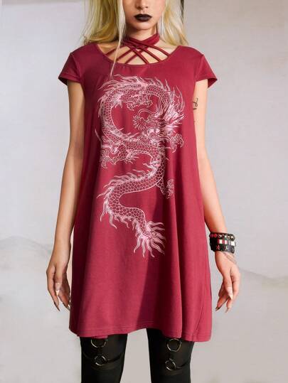 J-Fashion Chemise longue style ras-du-cou à imprimé dragon, mode d'été pour femmes
