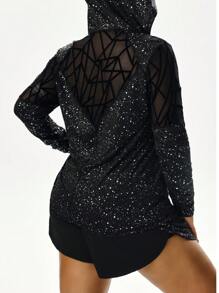 Easithlete Plus Size Fashion Sweatshirt With Metallic Silver, Flocked Patchwork & Mesh Panel, Long Sleeve, Drawstring Sweatshirt - Black - View 2