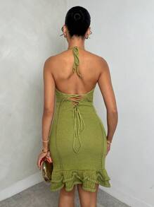 Glamine Women Short Ruffled Hollow Out Elegant Knitted Dress, Spring/Summer - Green - View 2