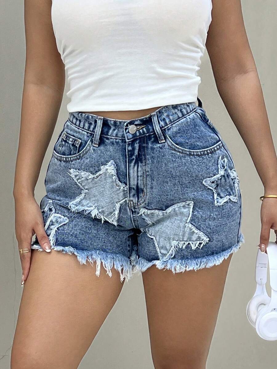 SHEIN EZwear Women's Denim Shorts, Casual Fit Star Pattern, Blue, Summer / Summer / Summer,Spring / Spring For Women,Beach For Woman / Beach,Brunch For Women, Spring Break / Spring Break, Concert Women / Rave Festival / Country Concert / Ibiza / Nashville - Blue - View 1