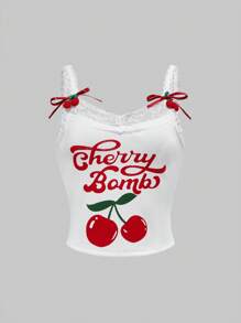 ROMWE Kawaii 2 件套女童休闲樱桃印花蕾丝拼接吊带背心和褶皱超短裤套装 - 彩色 - 查看 7