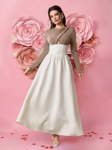 Modelyn Women's  Elegant Party Patchwork Color Cross Fit Long Sleeve Dress, Spring, Valentine's Day  Old Money  Festival   Modest   Sundress