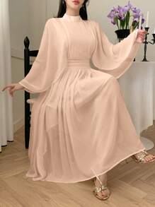 DAZY Solid Color Stand Collar Pleated Ruffle Sleeve Mid-Length Dress For Women,Fall Clothes
