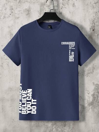 Manfinity Homme تي شيرت تي شيرت قصير الأكمام كاجوال بطباعة شعار بسيطة للرجال