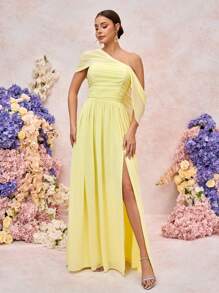 SHEIN Belle 春夏优雅浪漫浅黄色雪纺不对称肩部褶皱垂袖褶皱高开衩A字下摆适合晚餐约会单身派对生日度假返校季毕业礼服婚礼活动伴娘服 - 黃色 - 查看 7