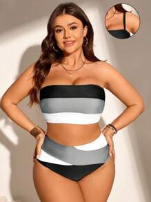 SHEIN Swim Curve 2pcs Plus Size Women's Strappy Cropped Striped Patchwork Modest Casual Swimwear Set For Summer Beach Vacation - Multicolor - View 4