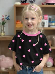 2025 New Arrival Lovely All-Over Heart Print Patchwork Round Neck T-Shirt For Girls - Multicolor - View 1