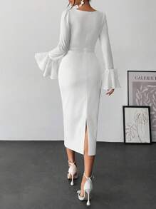 EURMUSE Elegant Style, Square Neck Flare Sleeve With Feather Detailed Midi Dress