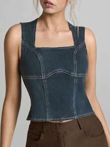 Easelle Women Square Neck Sleeveless Simple Fitted Denim Blouse, Casual Everyday Wear 2025 Summer Cowgirl Vintage - Blue - View 6