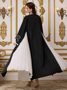 Al Najma Women's Elegant Contrast Color Block Crystal Decor Arabian Abaya Dress, Formal Summer Black Abaya, Modest Robe  Gulf Abayas - Black and White - View 7