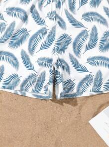 Men's Simple Fashion Refreshing Leaf Print Beach Shorts, Blue, Random Print,Hawaiian - Blue - View 5