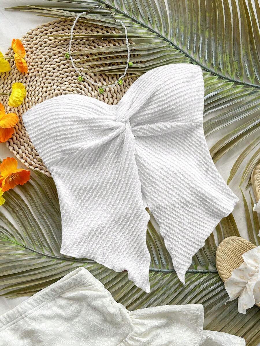 SHEIN PETITE Áo ba lỗ dệt kim họa tiết màu mơ cho kỳ nghỉ của phụ nữ với viền xoắn bất đối xứng - trắng - Xem 1