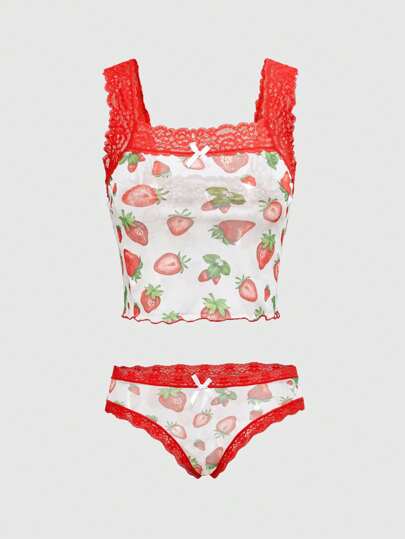 Kawaii Conjunto de sujetador sin costuras con estampado de fresa en todo el diseño y parches de encaje, estilo campestre para niñas