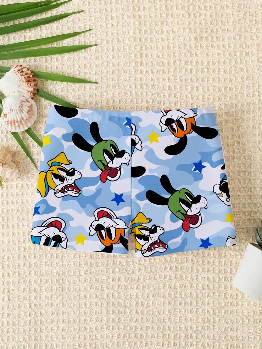 SHEIN Pantalones de baño cortos casuales y ajustados para bebé niño con estampado gráfico de un cachorrito nadando en el océano, apropiados para el verano