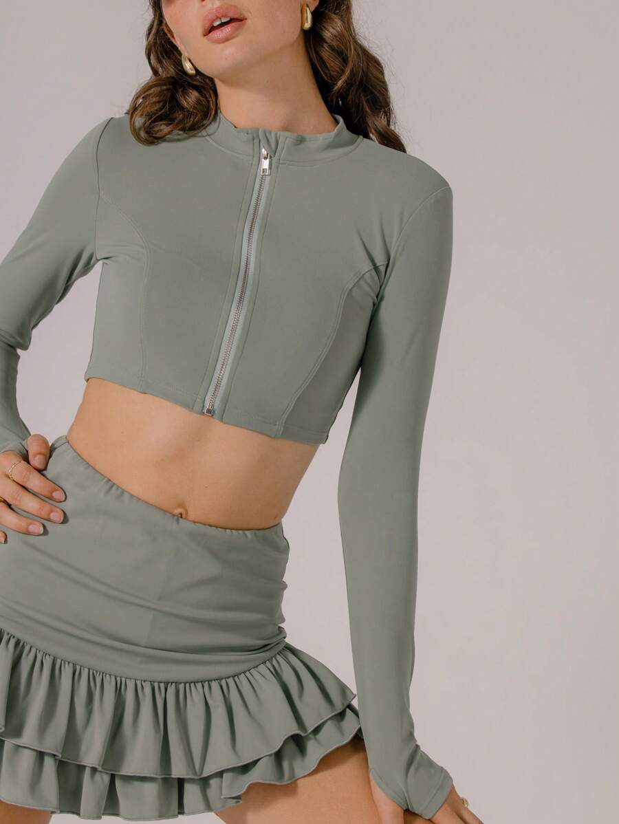 Aralina Minimalist Solid Color Front Zipper Fitted Cropped Athletic Jacket - Olive Green - View 1