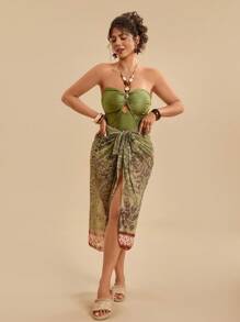 Travachic Plus Size Tropical Summer Beachwear Halter Hollow-Out Swimwear + Plant Print Tie Bow Sheer Sarong Swimwear Set For Women Country Concert Outfit - Green - View 4