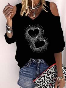 Women's Rhinestone Heart Print Loose Off Shoulder Fashion T-Shirt - Black - View 1