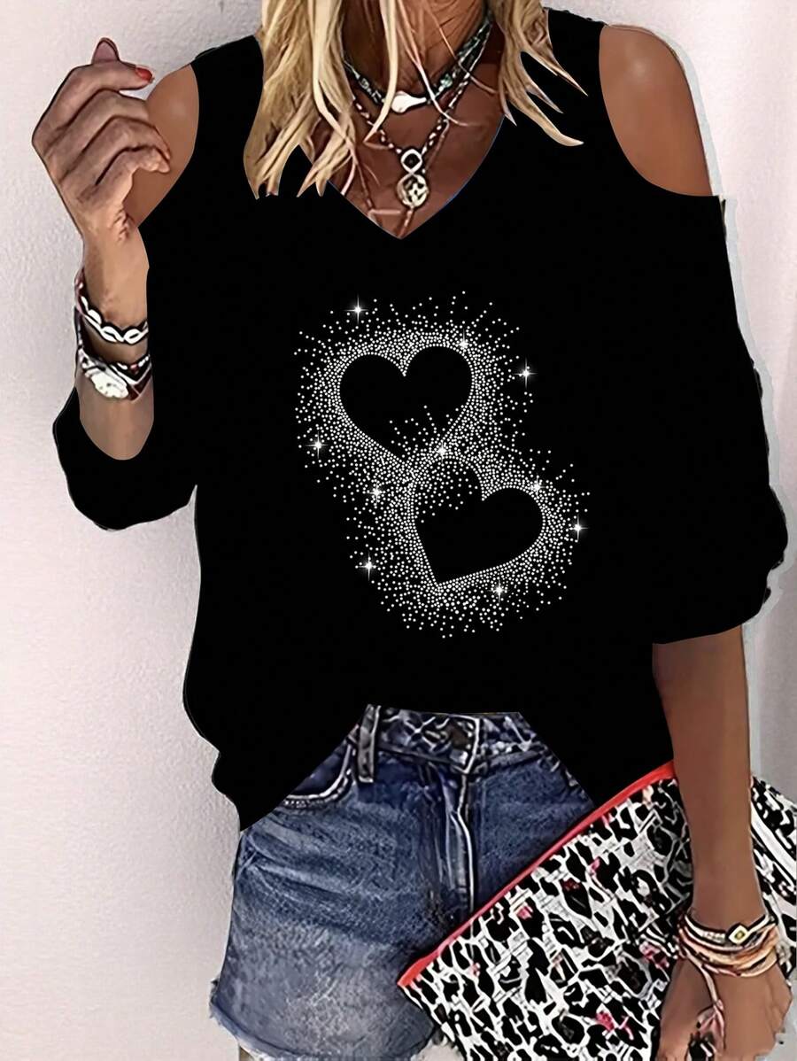 Women's Rhinestone Heart Print Loose Off Shoulder Fashion T-Shirt - Black - View 1
