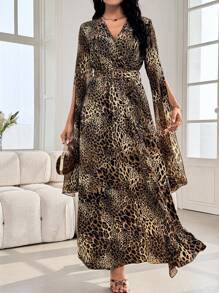 Modelyn Chiffon Long Sleeve Leopard Print Elegant Dress - Multicolor - View 7