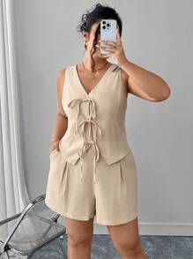 SHEIN Clasi Conjunto de 2 piezas de talla grande con top de tirantes de unicolor con cordón y shorts - Albaricoque - Ver 7