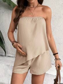 SHEIN Pregnant Women Vacation Casual Solid Color Asymmetrical Hem Bandeau Top And Shorts 2 Pieces Set - Apricot - View 5