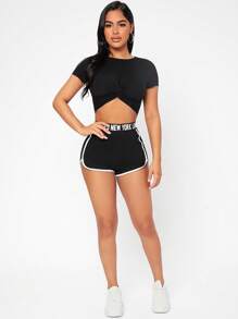 SHEIN PETITE Letter Tape Contrast Binding Shorts - Black - View 6