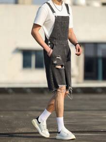 Manfinity Hypemode Men's Casual Grey Denim Ripped Short Overalls With Strap Neckline And Sleeveless Design - Grey - View 5