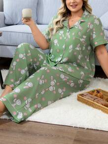 Große Größen süßes Kaninchen Polka Punkt Muster Pyjama Set