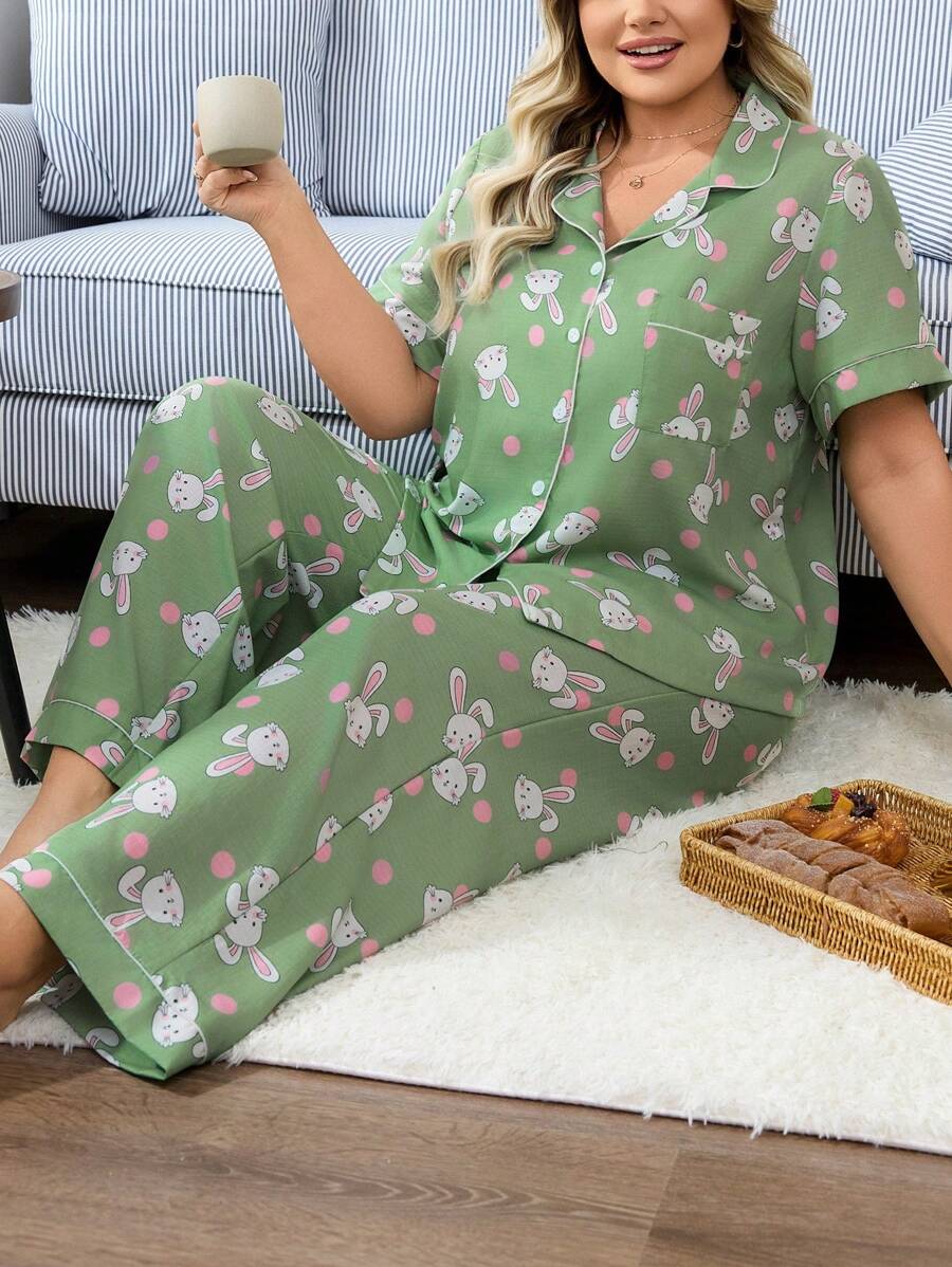 Große Größen süßes Kaninchen Polka Punkt Muster Pyjama Set