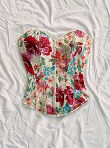 Soleia Parte superior tipo corsé de estilo retro palaciego con estampado floral jacquard de colores, con botones y lazo en la espalda, para mujer, ideal para bodas, vacaciones, salidas, festivales, cruceros, cumpleaños, etc.
