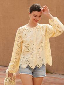 Aveloria Rosie Embroidered Trim Round Neck Long Sleeve Blouse For Women Boho Vacation Fashionable Style For Spring Fall - Champagne - View 2