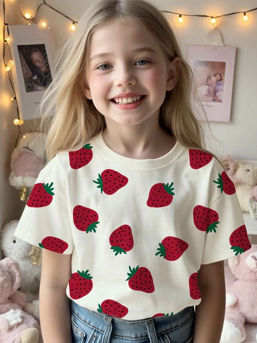 Tween-Mädchen Sommerliches, lässiges T-Shirt mit Rundhalsausschnitt und ...