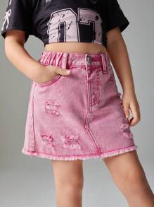 Young Girl Distressed Washed Denim Skirt, New Casual Fashion Dark Red Jeans Mini Skirt