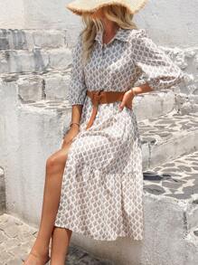 SHEIN LUNE Printed Lantern Sleeve Dress Maxi Women Outfit - Multicolor - View 4