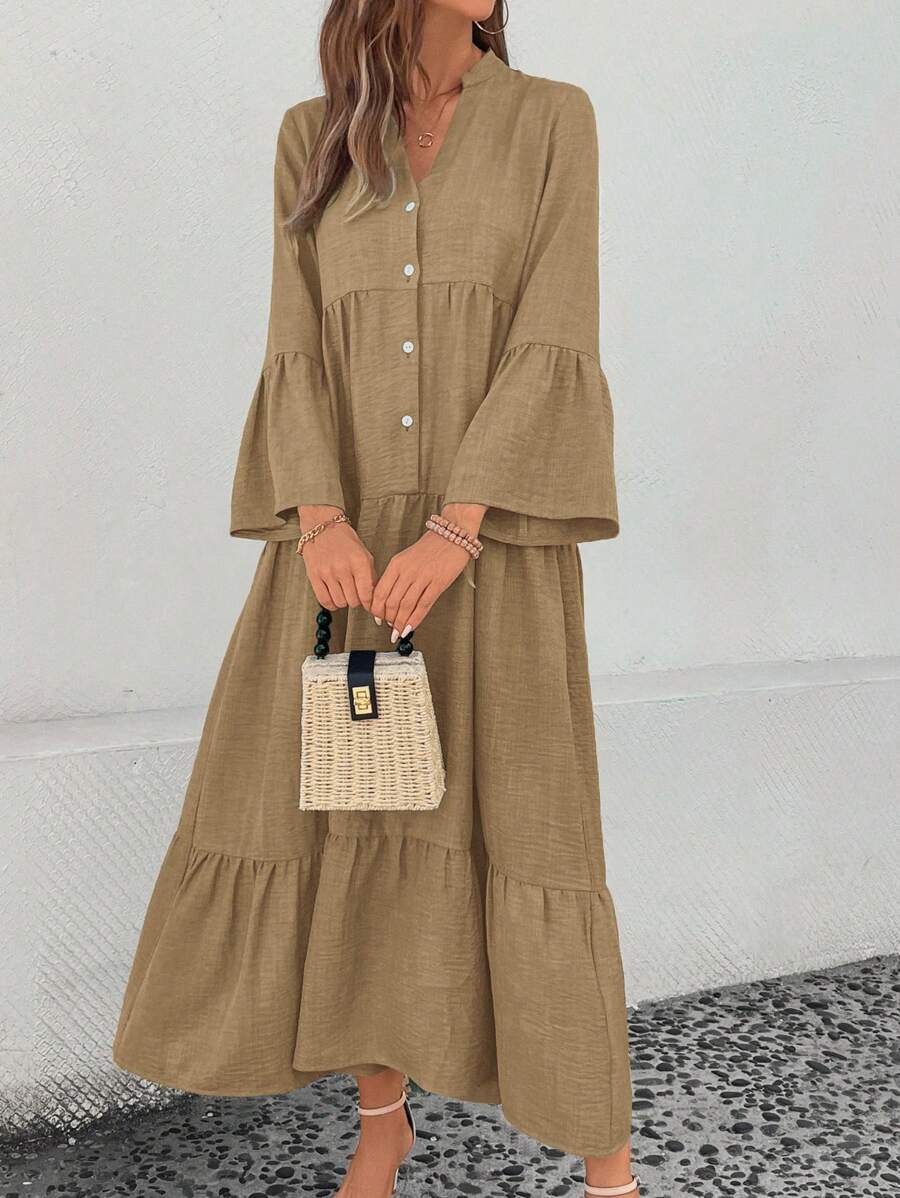 SHEIN LUNE 女式缺口领单排扣长袖休闲连衣裙长款女装 - 卡其色 - 查看 1