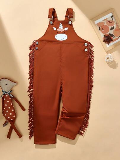 SHEIN Young Boy Casual Everyday Versatile Cute Animal & Unicorn Print Bib Pants With 3D Tassel, Spring/Summer, Suitable For Outdoor Activities, Vacation, Zoo, Amusement Park, Photography