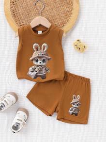 SHEIN Vintaside Kids Baby Boy Summer Cute Rabbit Print Top Paired With Matching Shorts Clothes Set, Adorable Style, Crew Neck Sleeveless, Comfortable Fit, Suitable For Outdoor Activities, Indoor Play, Casual Parties