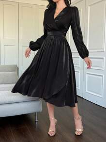 DAZY 女士纯色 V 领荷叶边下摆中长连衣裙舞会礼服优雅正式女士连衣裙秋季连衣裙长袖连衣裙