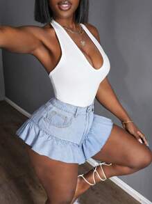 Slaydiva Women's Pocketed Ruffled Hem Fashionable Denim Shorts - Grey - View 6