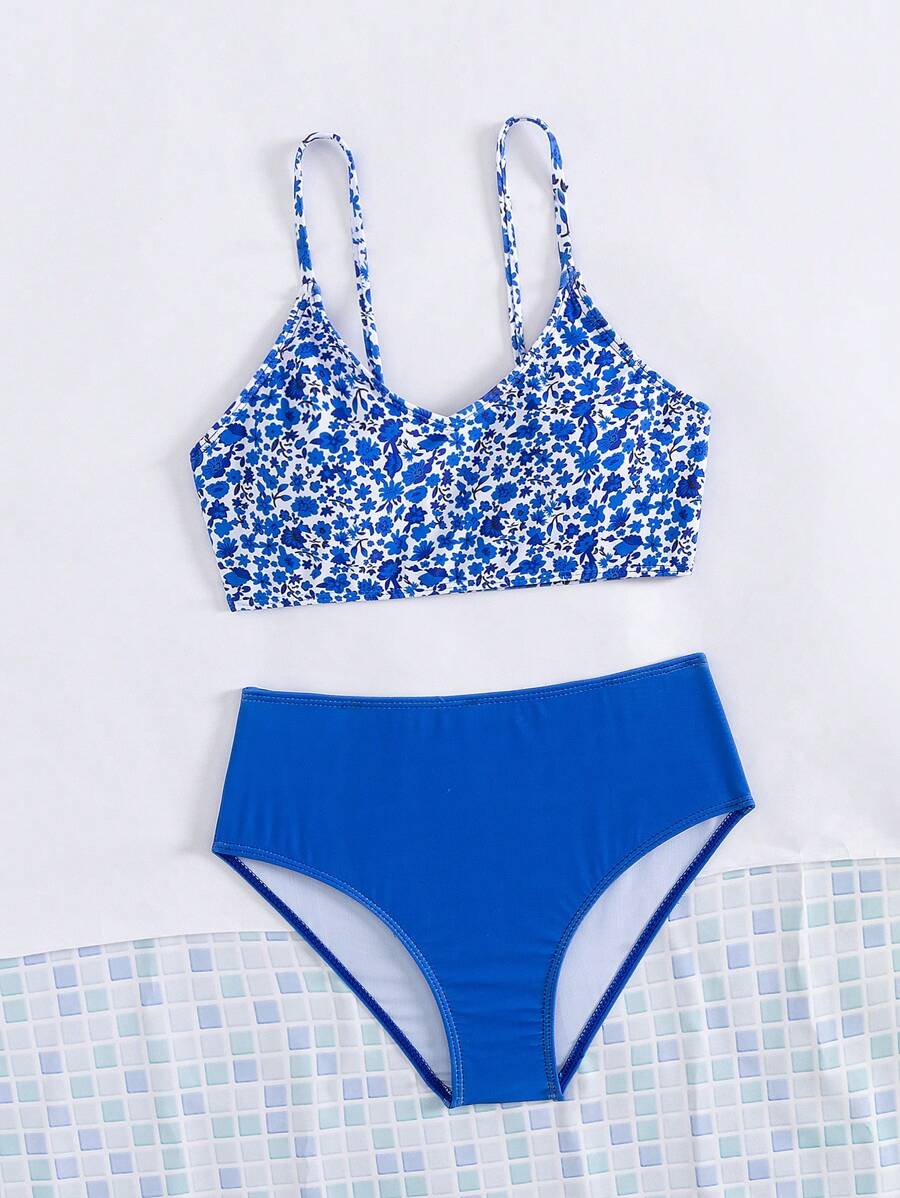 Tween Girl Ditsy Floral Bikini Set, Vacation/Summer - Royal Blue - View 1