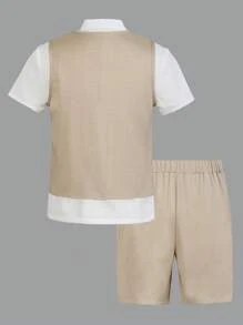 SHEIN Tween Boy 3-Piece Formal Suit: Vest + Short Sleeve Shirt + Shorts/Trousers With Bow Tie, For Birthday Party, Wedding, Anniversary, Valentine's Day - Multicolor - View 2