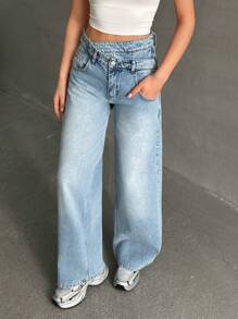 SHEIN Cottnline 休闲蓝色口袋低腰牛仔阔腿裤春季 - 中等水洗藍 - 查看 1