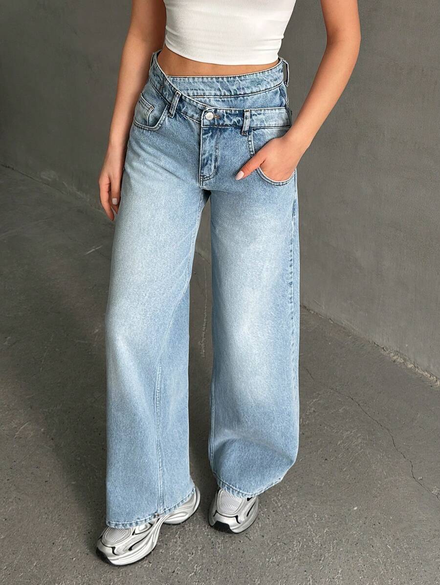 SHEIN Cottnline 休闲蓝色口袋低腰牛仔阔腿裤春季 - 中等水洗藍 - 查看 1