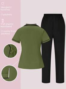 TaskEZ 2pcs Contrast Trim Casual Short Sleeve Top And Solid Color Pants Uniform Set, Scrub Sets - Army Green - View 2