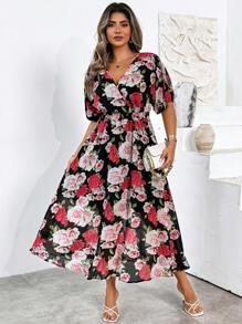 SHEIN Clasi Vestido estampado con rosas francesas para mujer, diseño evasé, ajuste ceñido, vestido largo elegante para primavera y verano - Negro - Ver 4