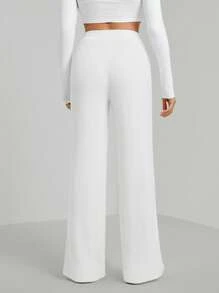 SHEIN Tall Ribbed Knit Knot Front Wide Leg Pants - White - View 2