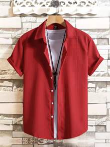 Manfinity Homme 男士礼物，男士纹理面料翻领衬衫纯色短袖简约时尚休闲日常